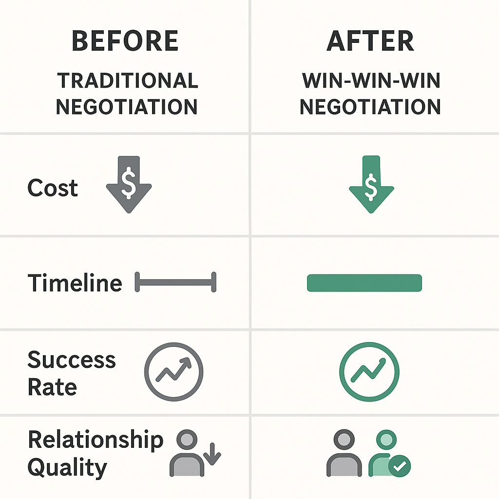 Before and after comparison of traditional vs win-win-win negotiation outcomes